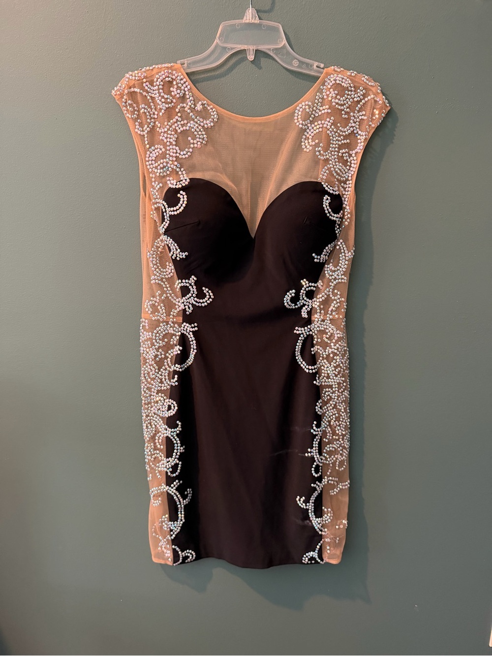 JVN by Jovani Black and Nude Beaded Sheer Panel Mini Dress